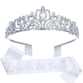 Braut-Tiara-Set mit silbernem Kristall-Diadem und weißer Bride to be Schärpe - Silber Set (HG001+JD090)
