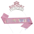 Set compleanno principessa con corona di strass e fascia di glitter olografici per ragazze - Bianco K / Fascia Rosa