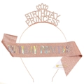 Rose gold birthday princess set with rhinestone tiara and glitter sash party accessories - Rose Gold
