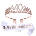 Set de 40e anniversaire or rose avec diadème en cristal et écharpe en satin de fête - 40 Ans / Style Satin Blanc