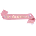 Sparkly pink glitter sash with Happy 16th Birthday lettering and golden safety pin - One Size / 16 Years Old - Pink