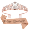 Elegant rose gold birthday set with rhinestone crystal crown and glittery sash - Rose Gold Glitter Cloth