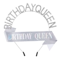 Silver Birthday Queen tiara set with rhinestone headband and glitter sash for parties - One Size / Silver AB