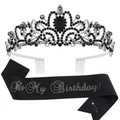 Sparkling black crystal birthday girl crown and glitter sash set for party celebrations - Black