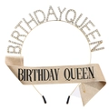 Ensemble diadème doré Birthday Queen et écharpe scintillante champagne avec strass - Taille unique / Or avec texte noir