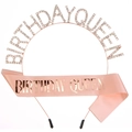 Set cerchietto Birthday Queen con strass oro rosa e fascia rosa glitter da donna - Stile Raso Oro Rosa (Stile Due)