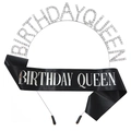 Silver Birthday Queen headband and black glitter sash set for women's birthday party decor - Silver Satin (Style Two)