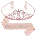 Tiara en or rose avec cristaux roses et ensemble de ceinture en satin rose - Taille unique / Diadème Or Rose + Écharpe en Satin Coloré Or Rose