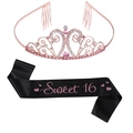 Ensemble tiare Sweet 16 or rose et écharpe en satin noir avec strass roses - Taille unique / Couronne et Écharpe Sweet 16 Or Rose