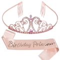 Set princesse d'anniversaire avec diadème strass or rose et écharpe rose pailletée - Taille unique / Diadème Or Rose + Écharpe en Satin Lettre Or Rose