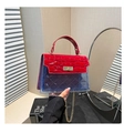 Detail of red croc-embossed flap and blue transparent quilted body with chain strap - Red