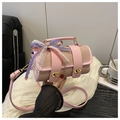 Borsa a cilindro in paglia rosa e beige con chiusure dorate e dettaglio fiocco - Rosa