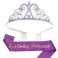 Purple glitter Birthday Princess sash and silver tiara set with violet rhinestones - One Size / Silver Crown Purple Rhinestone + Purple Sash