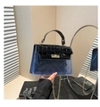 Close-up of blue transparent PVC and black crocodile texture leather on handbag - Black