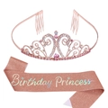 Birthday Princess set with rose gold sequined sash and sparkling crystal tiara crown - One Size / Rose Gold Tiara + Rose Gold Glitter Colorful Sash