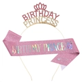 Pink glitter Birthday Princess sash with matching rhinestone tiara crown for girls - Gold / Pink Sash