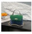 Detail of green crocodile texture leather handle and blue translucent PVC chain bag - Green