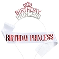 Birthday Princess silver tiara with pink rhinestones and matching white satin sash - Rose Red / Pink Satin