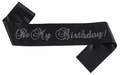 Écharpe d'anniversaire en satin noir avec lettrage 'It's My Birthday!' en strass brillant - Taille unique / Satin Noir avec Strass Blancs
