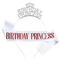 Silver rhinestone Birthday Princess crown with white satin sash birthday party set - White K / Pink Satin