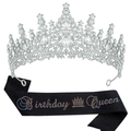 Set tiara Birthday Queen in cristallo argento e fascia nera glitterata per feste - Corona Argento e Fascia Nera Glitterata con Strass AB