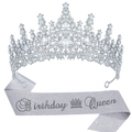 Set Birthday Queen con corona di strass argento e fascia glitterata argento coordinata - Argento + Fascia Glitterata Argento