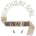 Birthday Girl crown headband and champagne gold sash set for birthday celebration - Gold with Black Text
