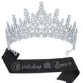 Birthday Queen set with silver crystal tiara and black glitter sash for party - Silver + Black Glitter Sash