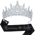 Silver rhinestone birthday tiara and black Birthday Queen sash set for girls - Silver + Black Satin Sash