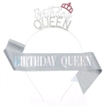 Tiara Birthday Queen argento con corona rossa e fascia glitterata per compleanni - Taglia unica / Strass Argento e Rosa + Fascia Olografica Argento