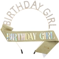Close-up of golden Birthday Girl headband with rhinestones and matching glitter sash - Gold Holographic Glitter