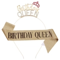 Set Birthday Queen con cerchietto dorato di strass e fascia rosa glitterata per feste - Taglia unica / Strass Oro e Rosa + Fascia Oro Testo Nero