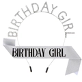 Glitter birthday sash and rhinestone headband set for birthday girl party accessories - Silver With Black Text