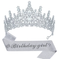 Silbernes Geburtstagskit bestehend aus Glitzerschärpe und Kristall-Strass-Diadem - Birthday Girl Silber Tiara + Silber Glitzer Schärpe