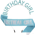 Blue rhinestone Birthday Girl headband and sparkling sash set for birthday party events - Lake Blue Glitter