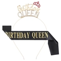 Birthday Queen set featuring golden rhinestone tiara and black satin shoulder sash - One Size / Gold & Rose Red Rhinestone + Black Sash Gold Text