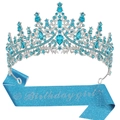 Hellblaue Birthday Girl Schärpe mit Glitzer und passende silberne Krone mit blauen Steinen - Seeblau Birthday Girl Set