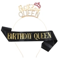 Golden Birthday Queen headband and black satin sash set for party celebration outfit - One Size / Gold & Rose Red Rhinestone + Black Satin Gold Foil Sash
