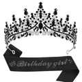 Set aus schwarzer Birthday Girl Schärpe und schwarzer Strass-Tiara für Geburtstage - Birthday Girl Silber Tiara Schwarze Steine + Schwarze Glitzer Schärpe