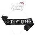 Birthday Queen set featuring a silver rhinestone headband and black satin sash with silver text - One Size / Silver & Rose Red Rhinestone + Black Satin Silver Foil Sash