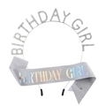 Détails du coffret bandeau d'anniversaire en strass argentés et écharpe pailletée - Taille unique / Argent Avec Texte Holographique