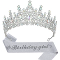 Silberne Geburtstagsschärpe mit Glitzer und funkelndes Strass-Kronen-Set für Damen - Birthday Girl AB Steine Tiara + Silber Glitzer Schärpe