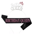 Silver rhinestone Birthday Queen crown with black satin sash set for party girls - One Size / Silver & Rose Red Rhinestone + Black Satin Pink Foil Sash