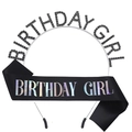 Serre-tête Birthday Girl en cristal noir et écharpe irisée pour fêtes d'anniversaire - Taille unique / Satin Noir Holographique