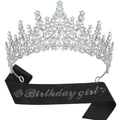 Birthday Girl Party-Set mit silberner Strass-Krone und schwarzer Glitzerschärpe - Birthday Girl AB Steine Tiara + Schwarze Glitzer Schärpe
