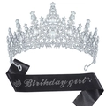Geburtstagsset mit silbernem Strass-Tiara und schwarzer Glitzer-Satinschärpe für Mädchen - Birthday Girl Silber Tiara + Schwarze Satin Schärpe