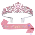 Set 10° compleanno rosa con fascia glitterata e corona di cristalli argento - Rosa (10° Compleanno)