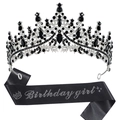Silberne Geburtstagskrone mit schwarzen Edelsteinen und passender Birthday Girl Schärpe - Birthday Girl Silber Tiara Schwarze Steine + Schwarze Satin Schärpe