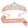 Rose gold 50th birthday set featuring a rhinestone crystal crown and glitter sash - Rose Gold (50th Birthday)