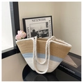 Vue détaillée du sac cabas de plage tissé avec anses en coton et texture tricolore chic - Bleu sans écharpe en soie